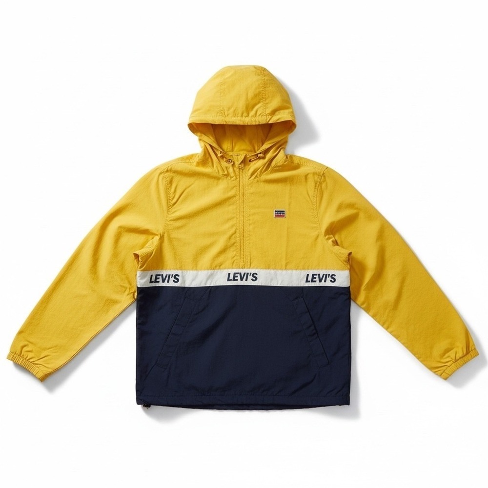 Levis Mens Colorblock Windbreaker‎ Jacket Yellow Navy Blue Half Zip Hooded Small